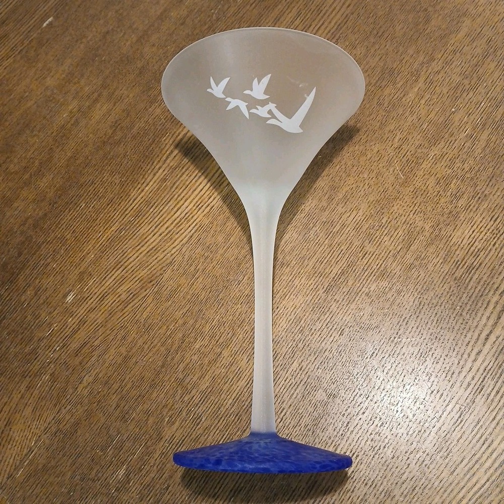 Vintage Grey Goose Vodka Frosted Martini Glass Blue Speckled Base 7.5"x4.25"
